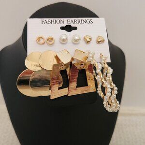 Pearl imitation and gold tone set of 6 pairs earrings